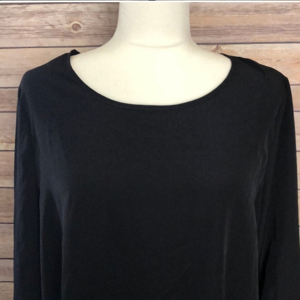 PLEIONE  Elegant Black Women's Top with Sheer Sleeve Floral Accents - Picture 2 of 6